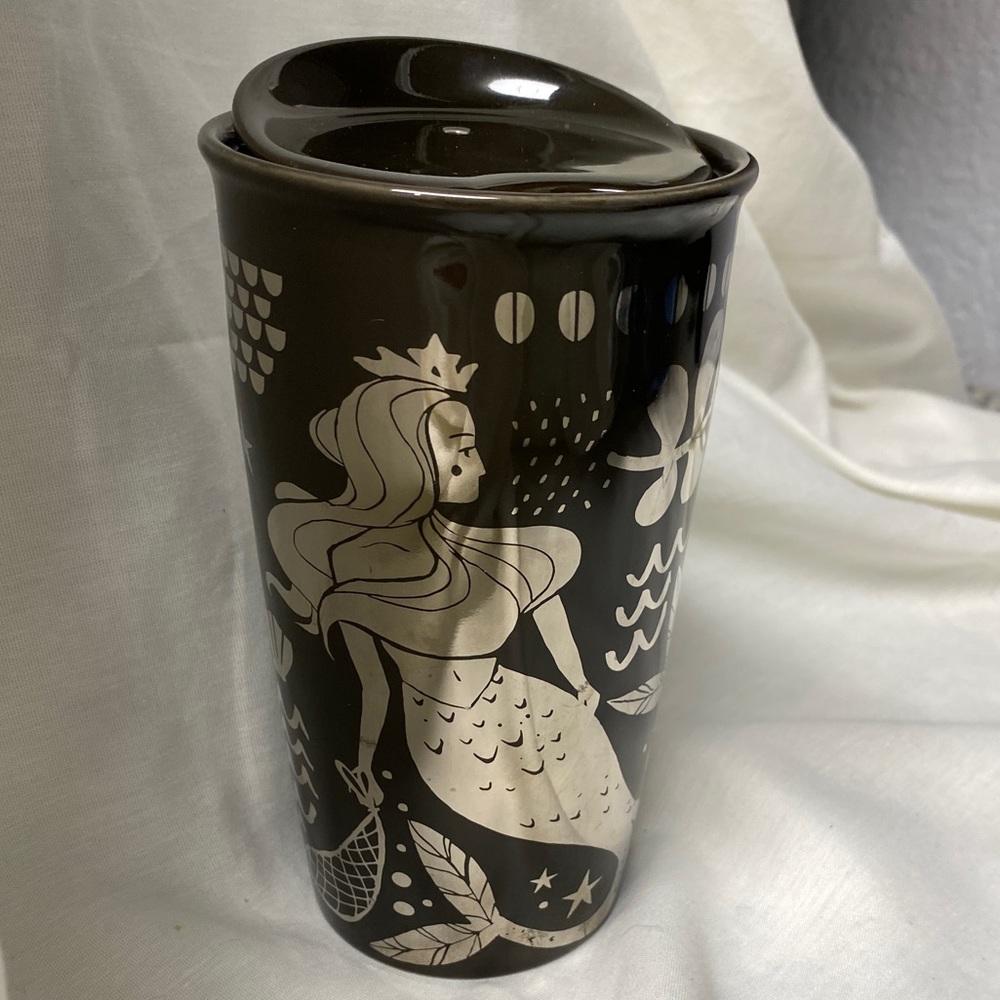 Starbucks Silver Siren Mermaid Brown Ceramic Travel Mug w Lid